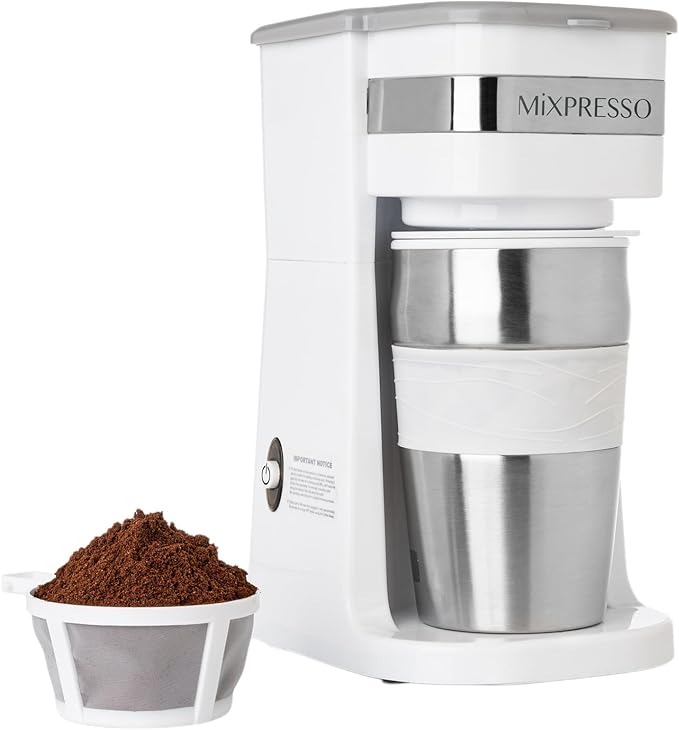 Mixpresso White Personal Single Serve Coffee Maker with 14oz Travel Mug Drip Small Coffee Maker with Auto Shut Off Reusable Filter Works with Ground Coffee Only – Not for K-Cup Pods