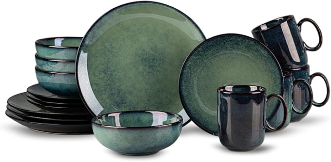 16 Piece Dinnerware Sets for 4 Scratch Resistantmicrowave oven and Dishwasher Safe Plates and Bowls Sets Ceramic Dish Set Bowl and Plate Set -Kiln turns foggy green