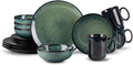 16 Piece Dinnerware Sets for 4 Scratch Resistantmicrowave oven and Dishwasher Safe Plates and Bowls Sets Ceramic Dish Set Bowl and Plate Set -Kiln turns foggy green