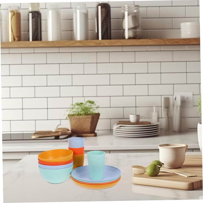 Alipis 12pcs Modern Wheat Straw Plastic Dinnerware Set Microwave Safe Plates Bowls Cups for Boys and Girls Toddlers Camping