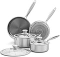 Stainless Steel Hammered Pots and Pans Set with Glass Lid 6Pcs Cookware Set Kitchen Induction Cooking Pot and Pan SetHoneycomb 7PcsA-Honeycomb 7pcs-A