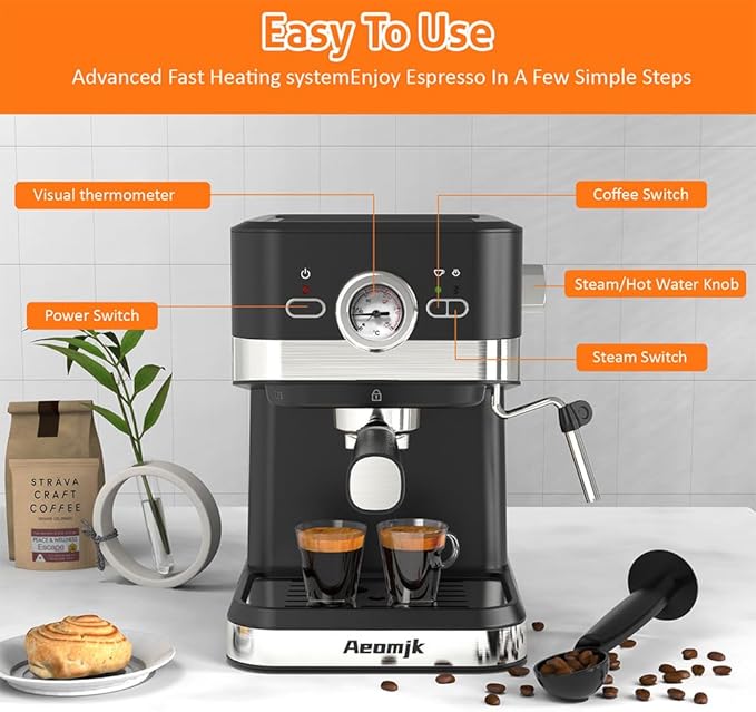 Aeomjk Electric Coffee Machine with Milk Frothing System 20Bar Mini Coffee Maker with Portafilter and Visual Single and Double Serve 1.6Qt Water Tank for Latte Espresso Cappuccino