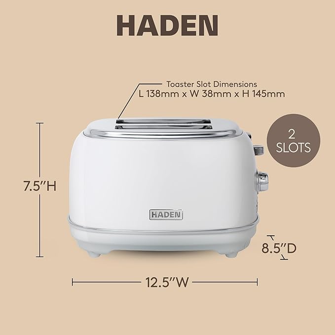 Haden Heritage 2-Slice Wide-Slot Toaster Stainless-Steel Bread Toaster with Adjustable Browning Control Non-Slip Feet &amp Crumb Tray Ivory &amp Chrome