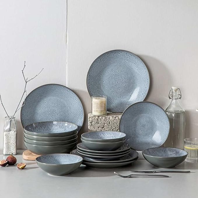 Sophisticatedly Crafted Gray 16 Piece Stoneware Dinnerware Set for 4 | Elegant Dual Glaze Finish With Glossy Interior &amp Matte Exterior | Highly Durable Dishwasher &amp Oven Safe | Pretty Smooth T