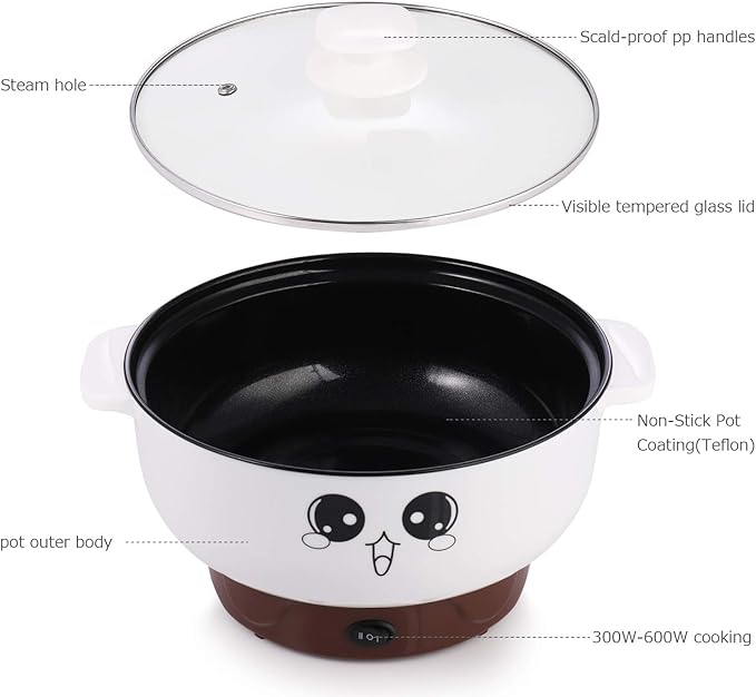 Electric Skillet 4-in-1 Multifunctional Electric Cooker Skillet Grill Pot for Cooking Rice Hotpot Soup Steam Eggs Fried Noodles Small Kitchen Cooker Non-Stick (2.3L without Steamer)