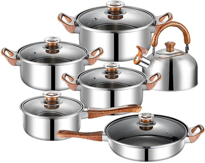 12 Piece Pot Handle with Kettle Cooking Pan Kitchen Cookware Non Stick Cooking Pot Set Stainless SteelNatural Color 12Ps12 Ps-Non-Stick 12ps-12 ps