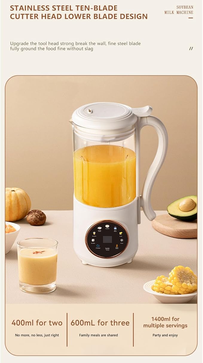 1.4L Multi functional soymilk maker SUS and ABS material 600W with Timer Automatic Almond Milk Machine Insulation Function for Various Non Dairy Beverages (US Plug 110V)