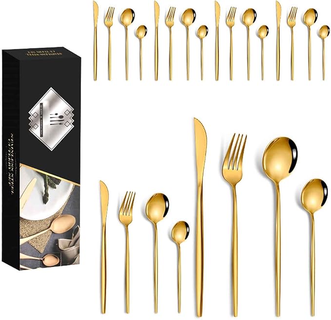 24 Piece Dinner Set for Daily Life Service for 6 Matte Slim Handle Easy Clean for Restaurant Kitchen Formal Events Parties Home Dishwasher Safe(GoldA)