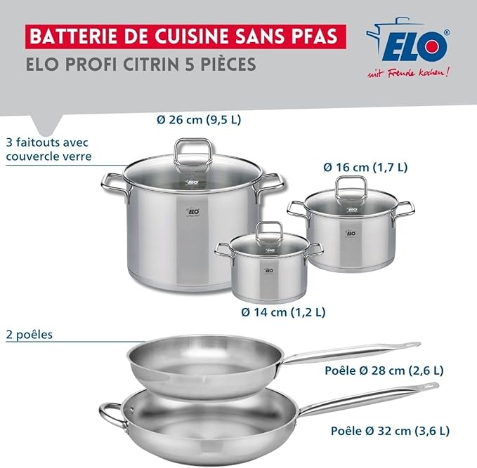 ELO 9509950 Cookware Set 5 Pieces 2 Frying Pans 28 and 32 cm and 3 Saucepans 14 16 and 26 cm Elo Profi Citrine Stainless Steel Induction