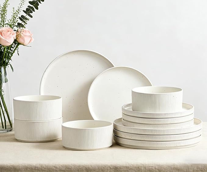 Ceramic Dinnerware Sets for 4-12 Piese Plates and Bowls Set Microwave and Dishwasher Safe Stoneware Ribbed Dishes and 22oz bowls Speckled White