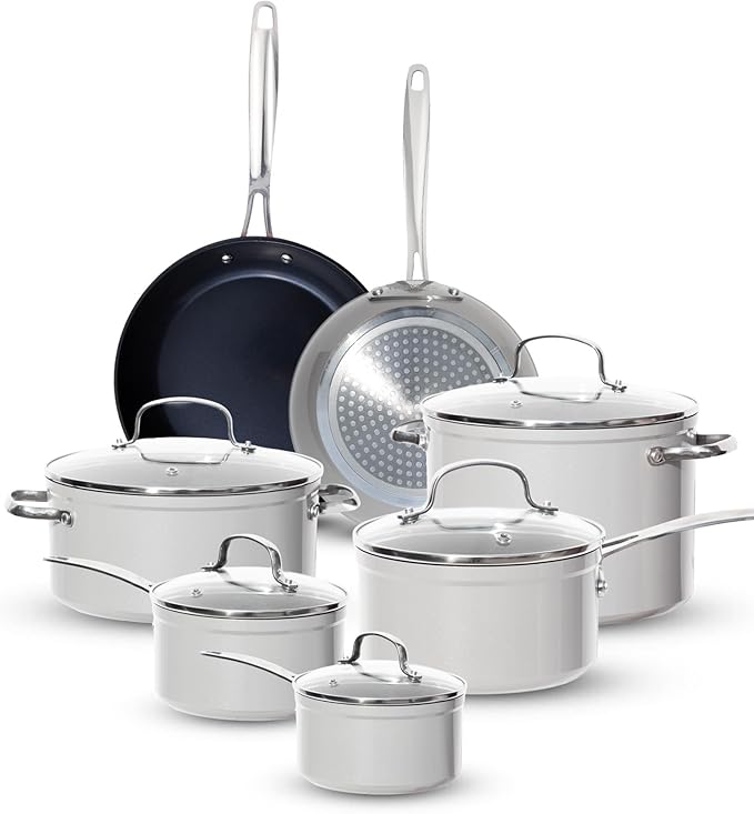 Nuwave Healthy G11-Pots and Pans Set Non Stick 9H Near-Diamond Hardness Scratch-Resistant Works on All Stovetops PFAS Free with Frying Pans Saucepans &amp Glass Lids Stay-Cool Handles Tinsel