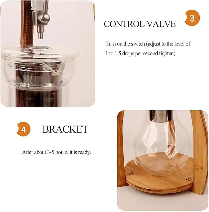 Wooden Support Drip Coffee Maker 800ML/27OZ Iced Coffee Brewer Maker with Stainless Steel Filter &amp Durable Glass Adjustable Water Flow Dripper 6-8 Cup Capacity Suit for Coffee Tea