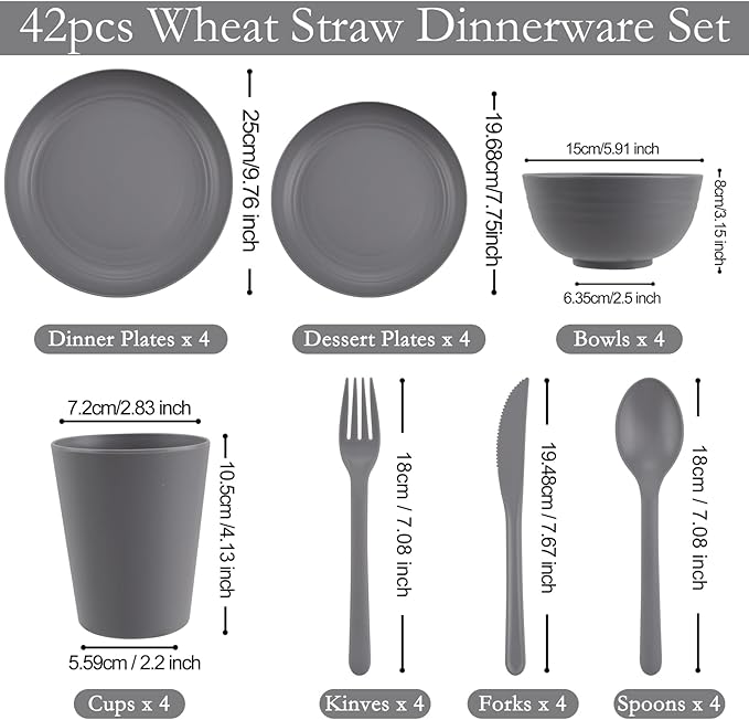 EI 42pcs Wheat Straw Dinnerware SetReusable Plastic Plates UnbreakableBig Bowl and Plate for KitchenPlates and Bowls Sets for College Dorm RoomCampingPicninc
