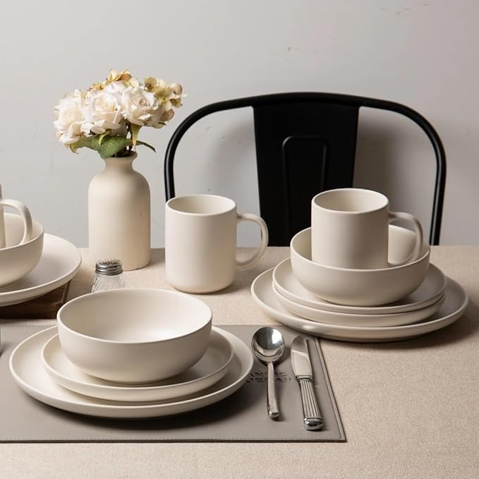 12-Piece Stoneware Dinnerware Set White Matte Glaze Service for 3 Includes Dinner Plates Salad Plates Bowls Mugs Microwave and Dishwasher Safe