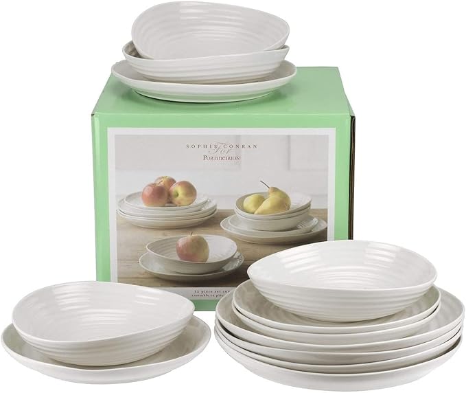 Portmeirion Sophie Conran 12 Piece Coupe Dinnerware Set - Dinner Plates Side Plates &amp Bowls Porcelain Kitchen Tableware for Everyday Dining &amp Entertaining - Durable &amp Dishwasher Safe