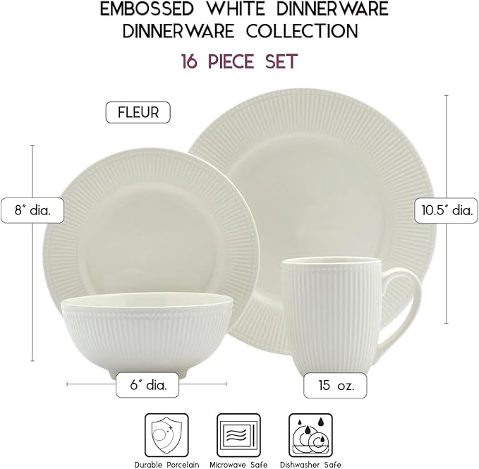 Tabletops Gallery Embossed Bone White Porcelain Round Dinnerware Collection- Chip Resistant Scratch Resistant Fleur 16 Piece Dinnerware Set (Dinner Plate Salad Plate Cereal Bowl Mug)