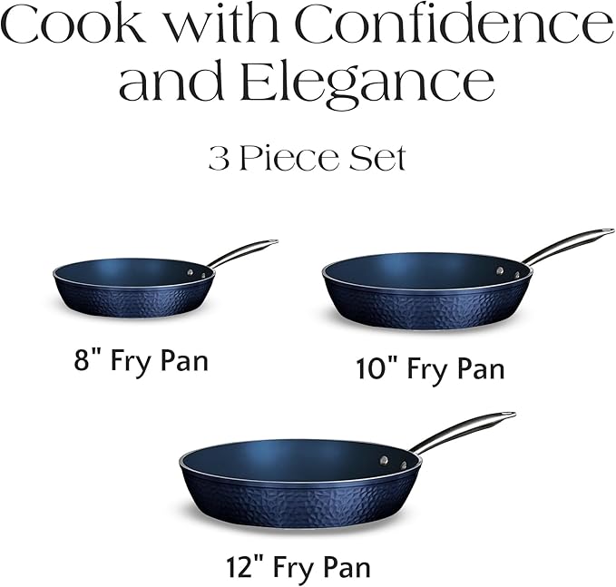 Luxurious Non-Stick Ceramic 3 Piece Blue Hammered Cookware Set Lightweight Scratch-Resistant Dishwasher Safe Oven Safe up to 500°F Suitable for All Stove Types