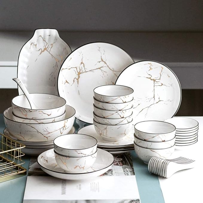 10 Piece Marble Design Bone China Dinnerware Set White Porcelain Plates And Bowls Plate Set