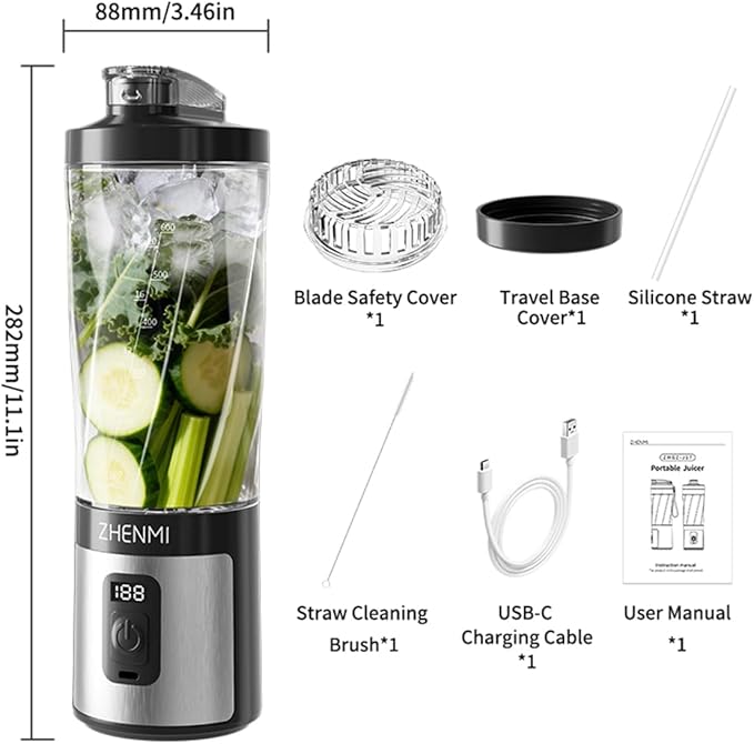 Portable Blender 20OZ Personal Smoothie &amp Shake Blender Leakproof Lid with Sip Spout USB-C Rechargeable Detachable &amp Easy-to-Clean black