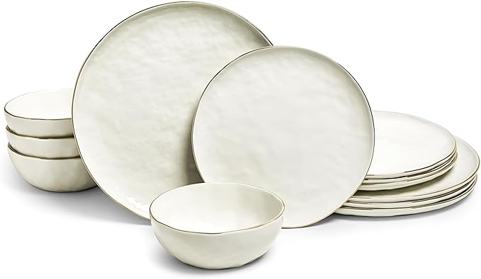 Sango 12-Piece Lightweight Porcelain Dinnerware Set for 4 Glossy Vanilla White Plates and Bowls Sets Gold Rims Farmhouse Ceramic Dish Set Rustic Dishes Microwave and Dishwasher Safe Gansevoort