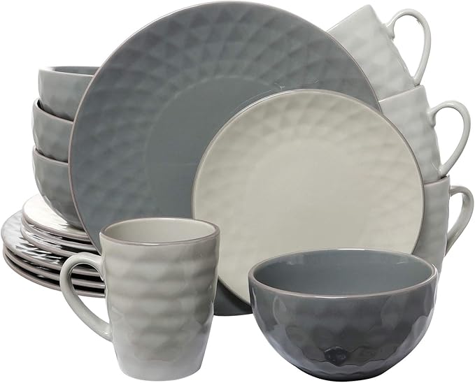 Elama Tahitian Pearl 16-Piece Dinnerware Set in Slate and Stone Pearl with Setting for 4