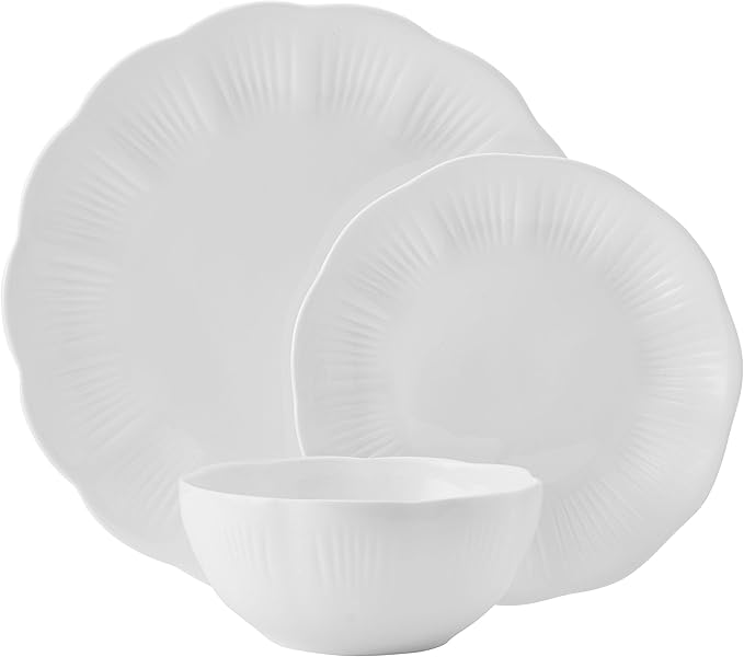 Mikasa Flora Scalloped Lightweight Chip Resistant Bone China 12 Piece Plate Bowl Dinnerware Set Service for 4 White