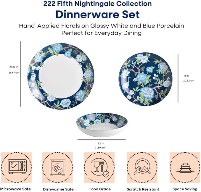 222 Fifth 12-Piece Porcelain Dinnerware Set for 4 Luxury White &amp Bohemian Blue Plates and Bowls Set Glossy Ceramic Dish Set with Detailed Floral Microwave &amp Dishwasher Safe Dishes Nighting