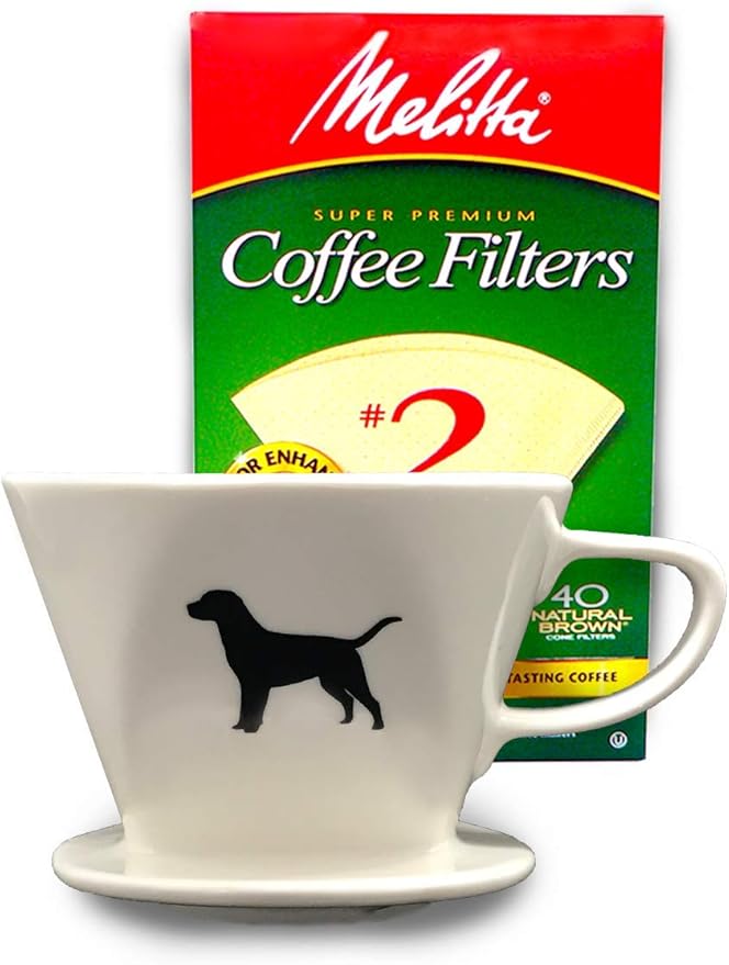 Simply Charmed Black or Golden Lab Coffee Pour Over Single Cup Ceramic Brewer with Melitta Filters 8 to 16 oz Depending on How Much Water/Grounds You Use