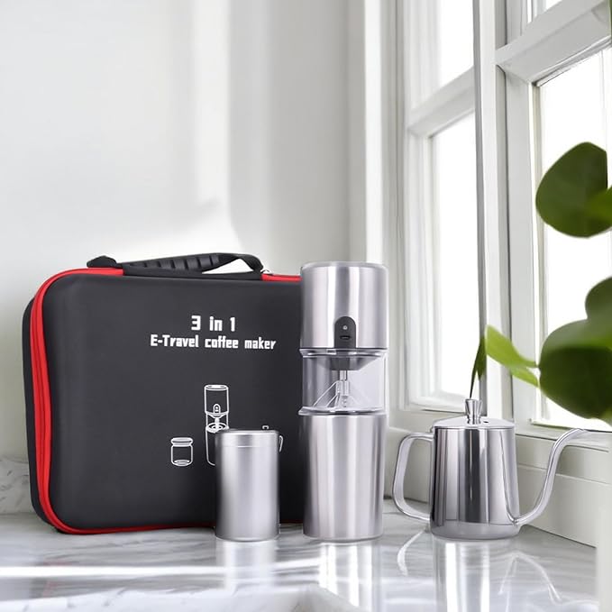 SOTECH 2 in 1 E-grinder Pour Over Coffee Maker Set with Stainless Steel Electric Bean Grinder and Steel kettle Packing Bag