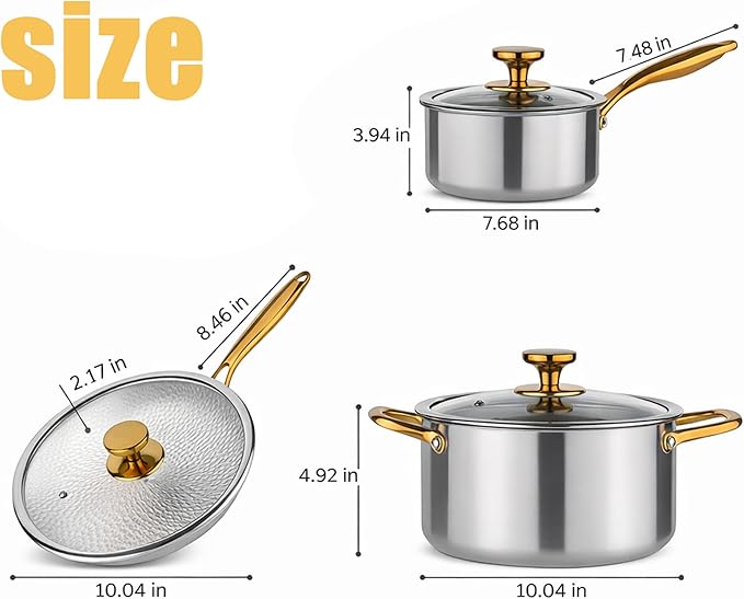 100% Pure Titanium Cookware Set | 7.68in Milk Pan + 10.04in Stock Pot + 10.04in Hammered Fry Pan | Induction &amp Gas Compatible | Easy Clean | Oven &amp Dishwasher Safe (Milk Pan + Stock Pot + Fry