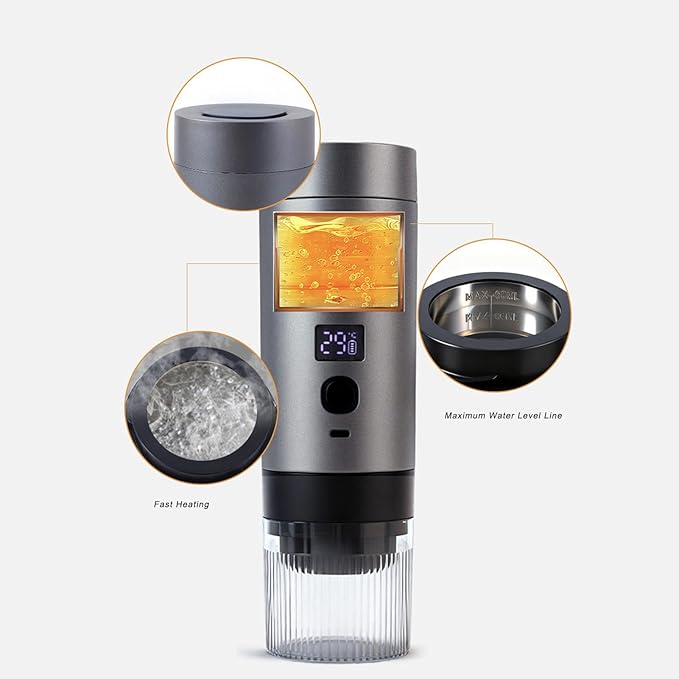 Yosoo 200ml Portable Coffee Maker Rechargeable Portable Coffee Maker 3 in 1 Extraction Ground 90C One Button Brewing Clear Display for Internal