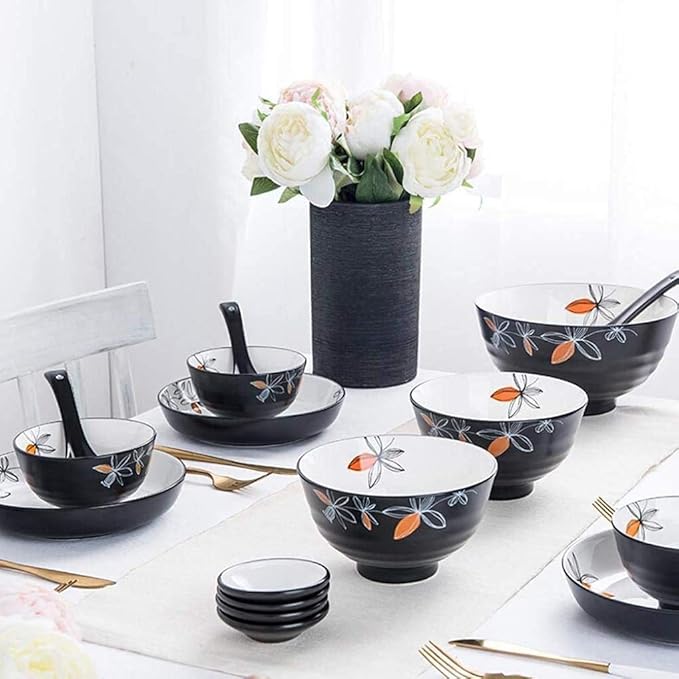 Dinner Plates Pottery Tableware 20 Pieces Black Porcelain Dinner Set with Flower Pattern Ceramic Dinnerware Service for 6 People