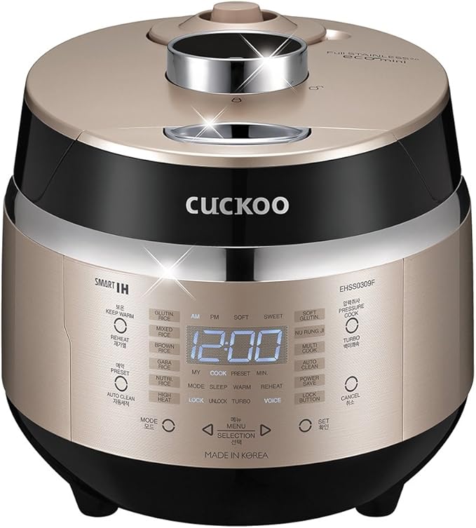 CUCKOO High Pressure Rice Cooker 3-Cup Uncooked / 6-Cup Cooked with Induction Heating Technology Small Rice Maker with 16 Menu Options and Steam Plate Voice Guide Gold (CRP-EHSS0309F)