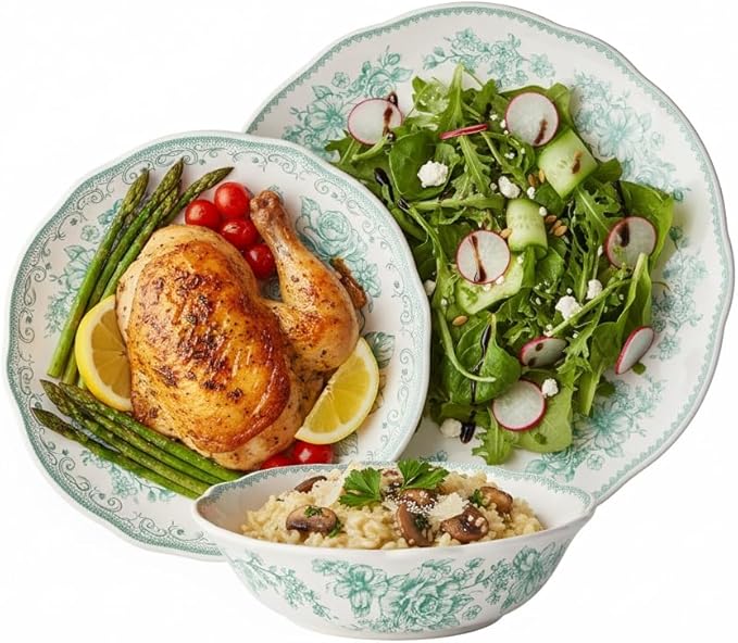 12-Piece Green Floral Stoneware Dinnerware Set Fresh Vintage Design Microwave &amp Dishwasher Safe 4-Person Complete Set Ideal for Family Meals &amp Entertaining