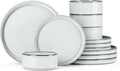 Onader Stoneware Dinnerware Sets 12 Piece Plates and Bowls Dish Sets for 4 Ceramic Dishware Dining Ware with Rustic Terracotta Bottom - Glacier White