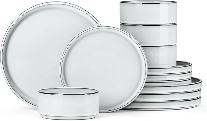 Onader Stoneware Dinnerware Sets 12 Piece Plates and Bowls Dish Sets for 4 Ceramic Dishware Dining Ware with Rustic Terracotta Bottom - Glacier White