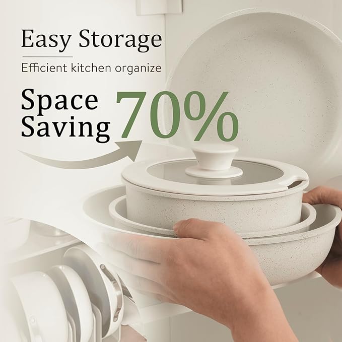 White 15Pcs Pots and Pans Set Nonstick Kitchen Cookware Set with Removable Handle Stackable Healthy Non Stick Cookware Set Oven Safe &amp PFOA Free
