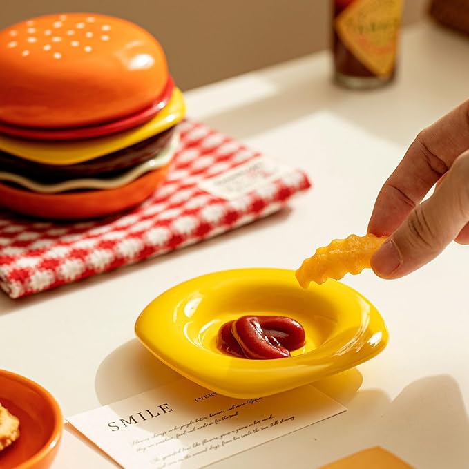Hamburger Plate Set Ceramic Hamburger Plates And Bowls Sets 5-Piece Novelty Stackable Burger Dinnerware Set Cute Hamburg Style Dessert Plates Dishwasher Safety (Small-3.74 * 3.74 * 3.62 in)