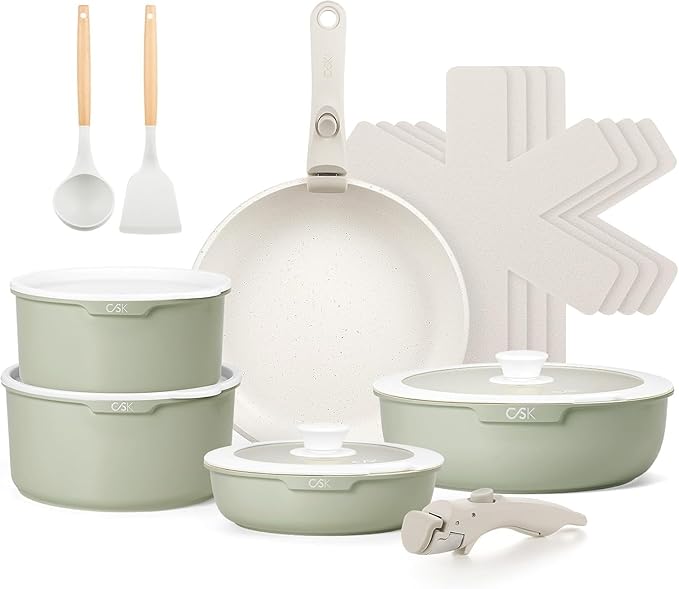 KOCH SYSTEME CS 17 PCS Pots and Pans Set Nonstick Cookware Set Detachable Handle Induction Kitchen Cookware Sets Non Stick with Removable Handle RV cookware set Green