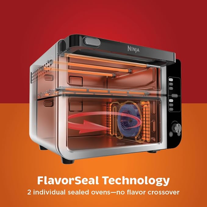 Ninja DCT451 12-in-1 Smart Double Oven with FlexDoor Thermometer FlavorSeal Smart Finish Rapid Top Convection and Air Fry Bottom  Stainless Steel