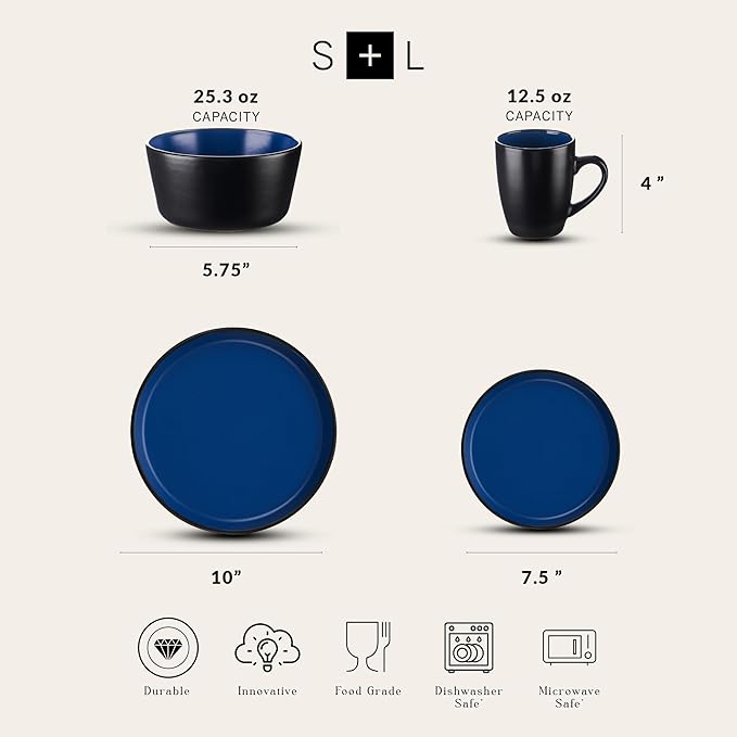 Stone Lain Albie Stoneware 16-Piece Modern Dinnerware Set Kitchen Plates and Bowls Sets Service for 4 Blue and Black Microwave &amp Dishwasher Safe