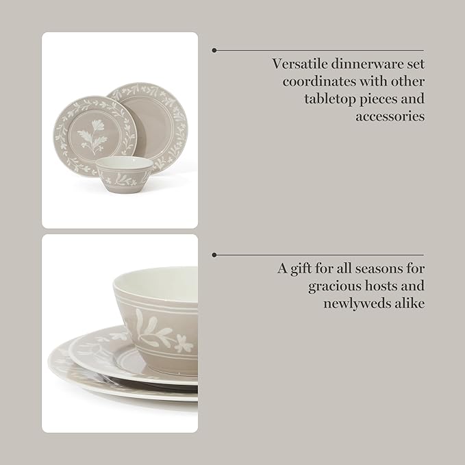 Martha Stewart Maiden Crown 12-Piece Taupe Dinnerware Set – New Bone China Ceramic Plates &amp Bowls – Floral Design – Service for 4 – Dishwasher &amp Microwave Safe