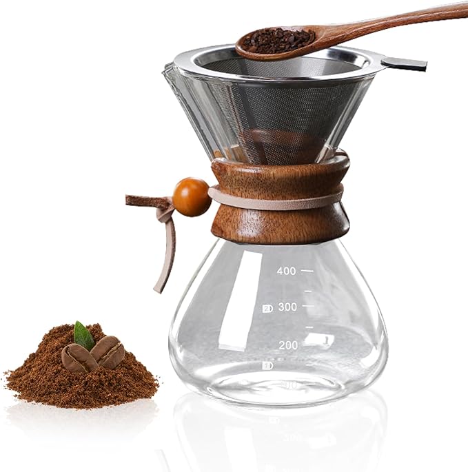 Wood Neck Pour Over Coffee Maker with Stainless Steel Filter 400ml(13oz) Glass Coffee Pot Drip Coffee Brewer for Home Cafe Camping Gift - Permanent Reusable Filter No Paper Needed(400ml)