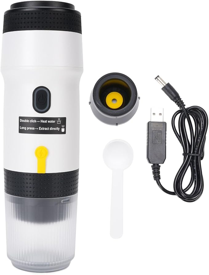 Portable Coffee Maker Automatic Capsule Coffee Machine with 304 Stainless Steel Construction Operating 75W 12V Power System and Compact Design for Outdoor Travel (White)