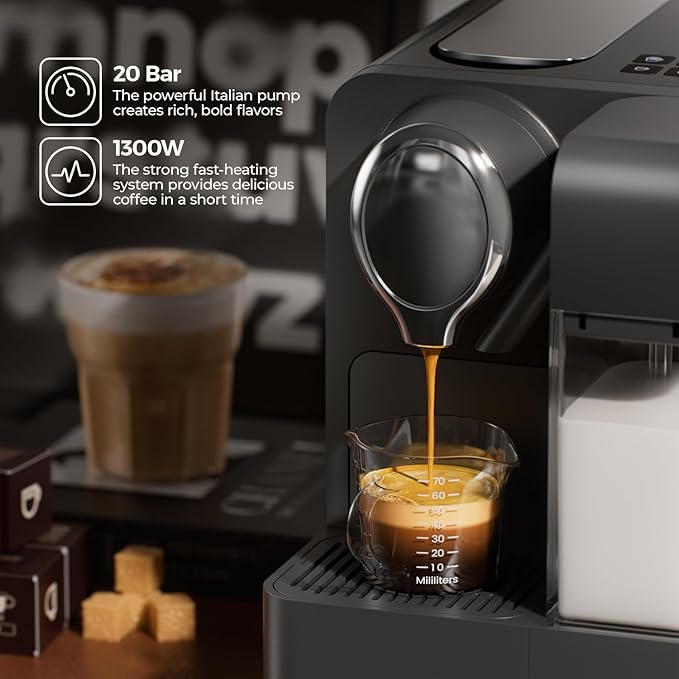 Espresso Machine with Integrated Automatic Milk Frother - Single-Serve Coffee Maker Capsule Compatible One Touch Latte &amp Cappuccino Single or Double Shot Espresso Maker