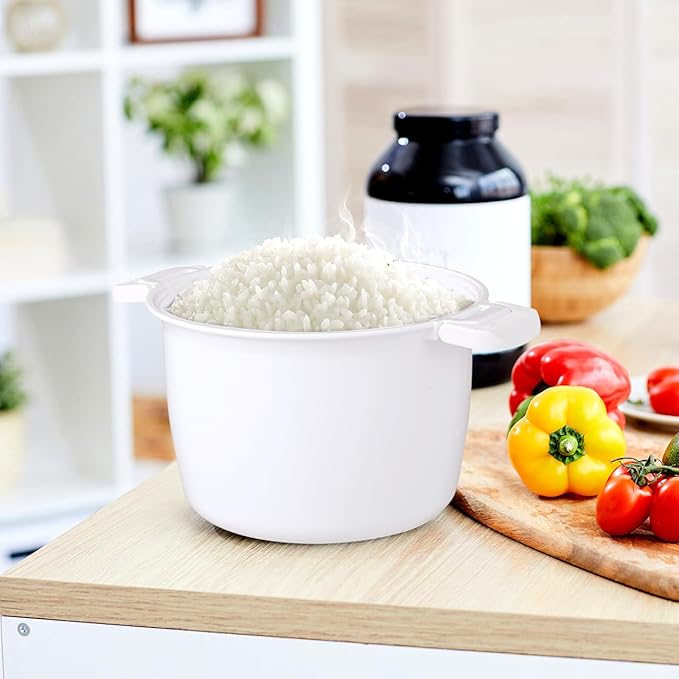 Microwave Rice Cooker Steamer Round Microwave Food Container for Vegetables Safe as Mixing and Serving Bowls Micro Rice Pasta Cooker - Dishwasher Safe | 1.8 Liter/7.5 Cup