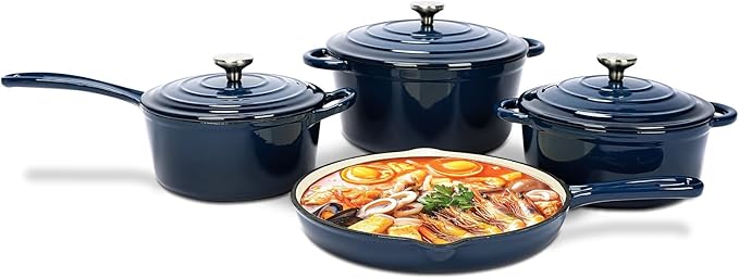 QuliMetal Nonstick Enameled Cast Iron Cookware Set Frying Pan Skillet- 7-Pcs Pots and Pans with Lid Healthy Round Dutch Oven Pot for Sourdough Bread Baking Oven Safe up to 500° F or on All Stovetop