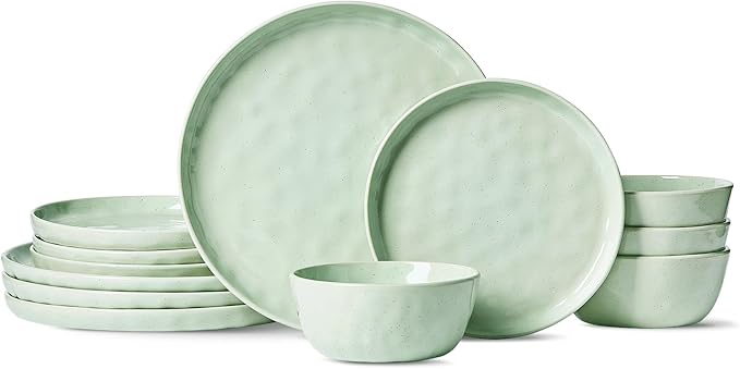 Famiware Mars Plates and Bowls Set 12 Pieces Dinnerware Sets Dishes Set for 4 Light Green
