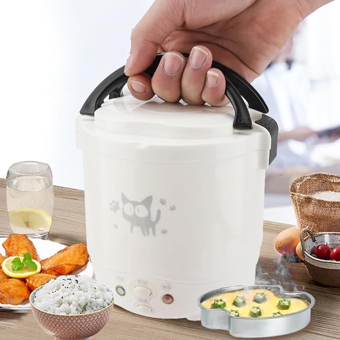 1L Mini Rice Cooker 12V Electric Lunch Box Multifunctional Portable Non Stick Pot White for Car Travel Camping