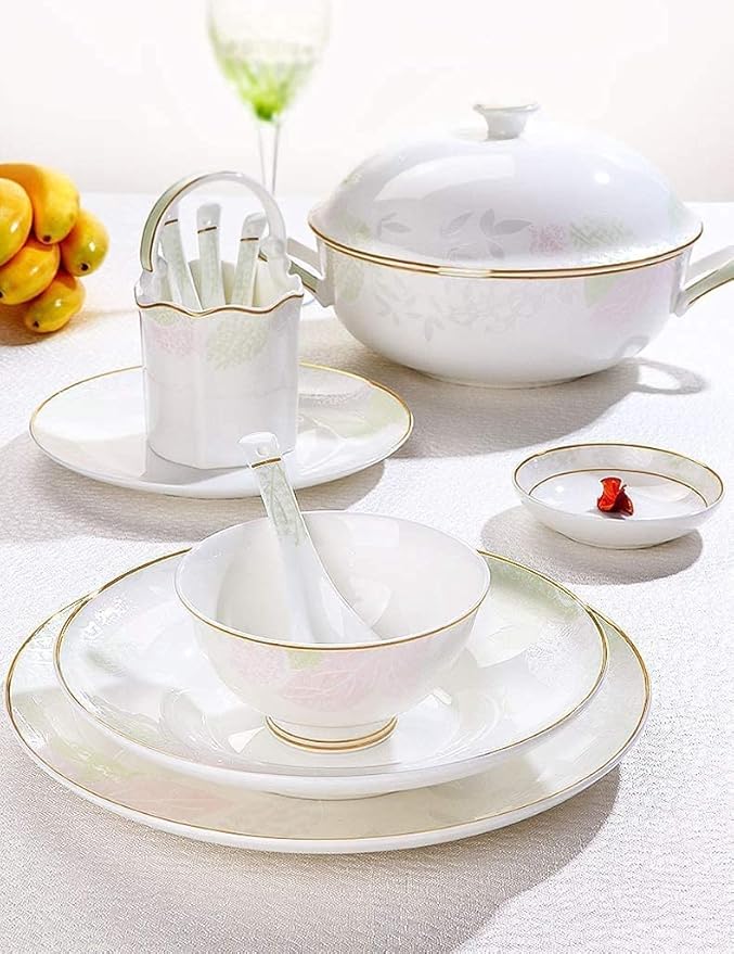 Dinnerware Set Dinner Party Tableware Service Set 48-Piece Dinnerware Set for 10 White Premium Bone China Vintage Gold Pattern Dinner Set Premium Bone China Porcelain Din